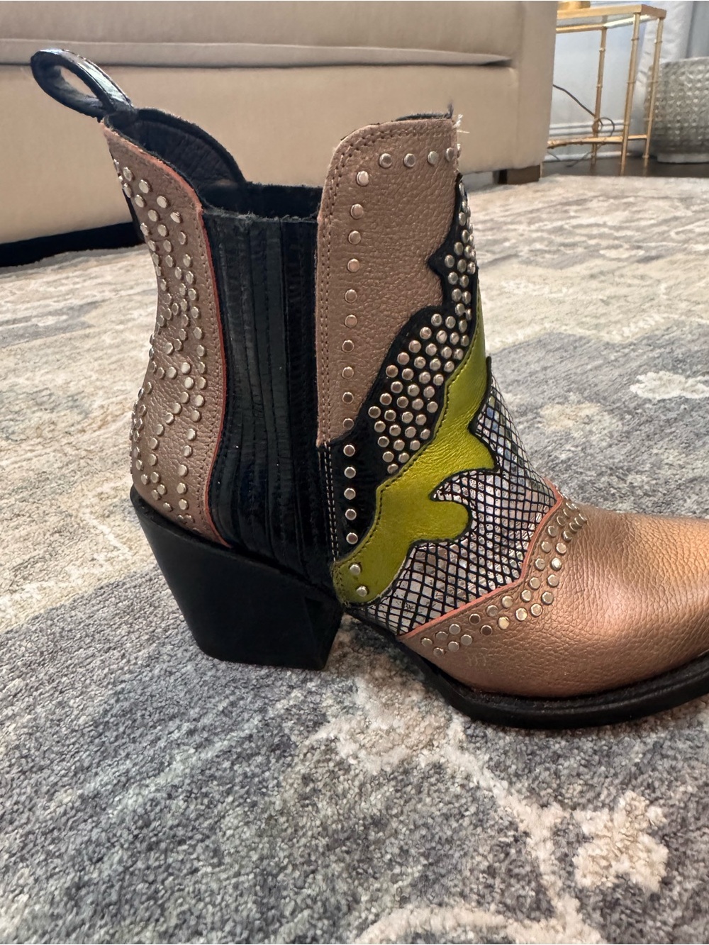 Women's Metallic Bronze Western Ankle Boots with Lime Accent - Picture 3 of 7